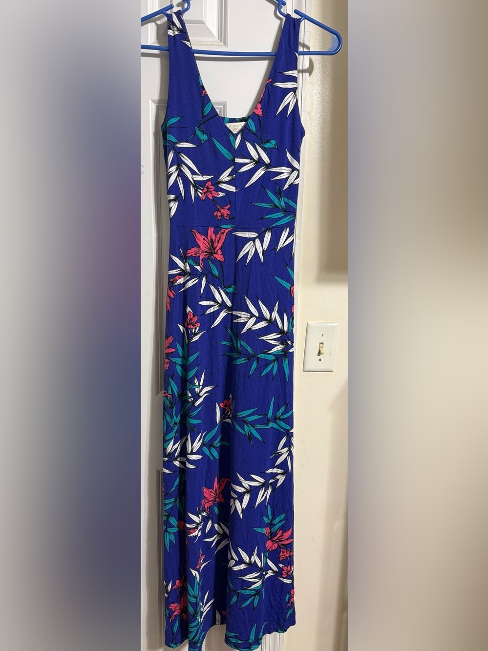 Blue Floral Maxi Dress with Pink & Green Accents